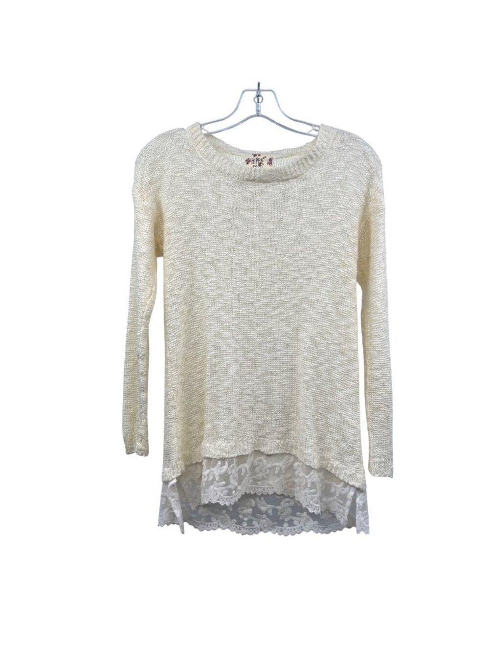 Hippie Rose Womens Sheer Sweater Lace Hem Long Sleeve Cream Size Small